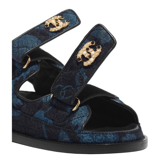 Chanel 21A Blue Black Grey Denim CC Logo Mule Slide Strap Flat Dad Sandal 38.5 - Picture 3 of 11